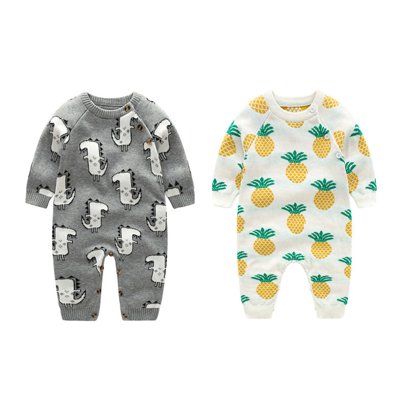 Baby Dinosaur &amp; Pineapple Pattern Shoulder Button Design Knitting Romper Jumpsuit-0