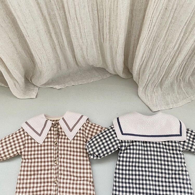 Baby 1pcs Plaid Pattern Lapel Design Quilted Warm Rompers-6