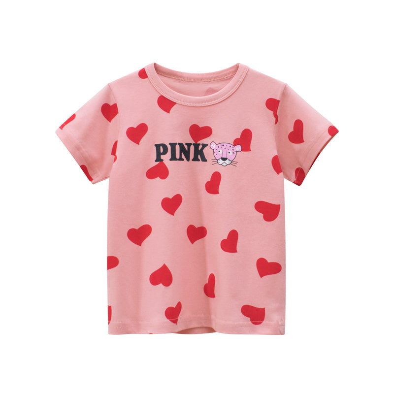 Baby Girls Heart Print Round Collar Short-Sleeved Tee Shirts-0