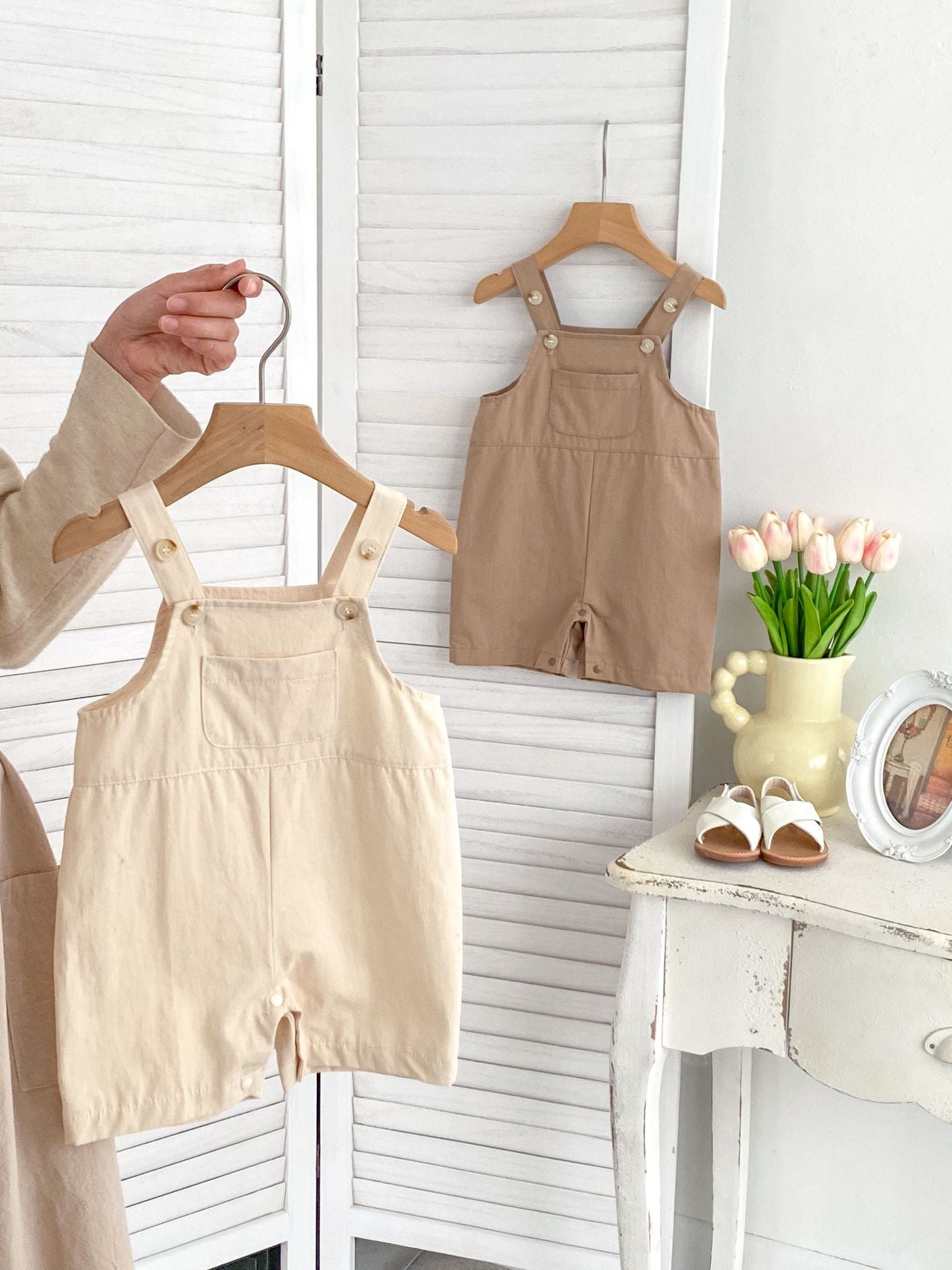 New Arrival Summer Baby Kids Unisex Solid Color Cotton Overalls Onesies-6