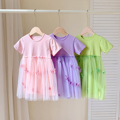 Summer Baby Kids Girls Princess Crew Neck Short Sleeves 3D Butterfly Mesh Patchwork Dress-0