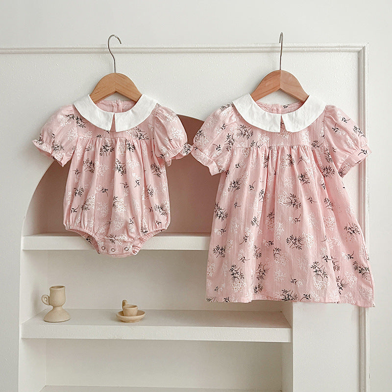 New Arrival Summer Girls Peter Pan Collar Short Sleeves Onesies And Dress – Princess Sister Matching Set-6