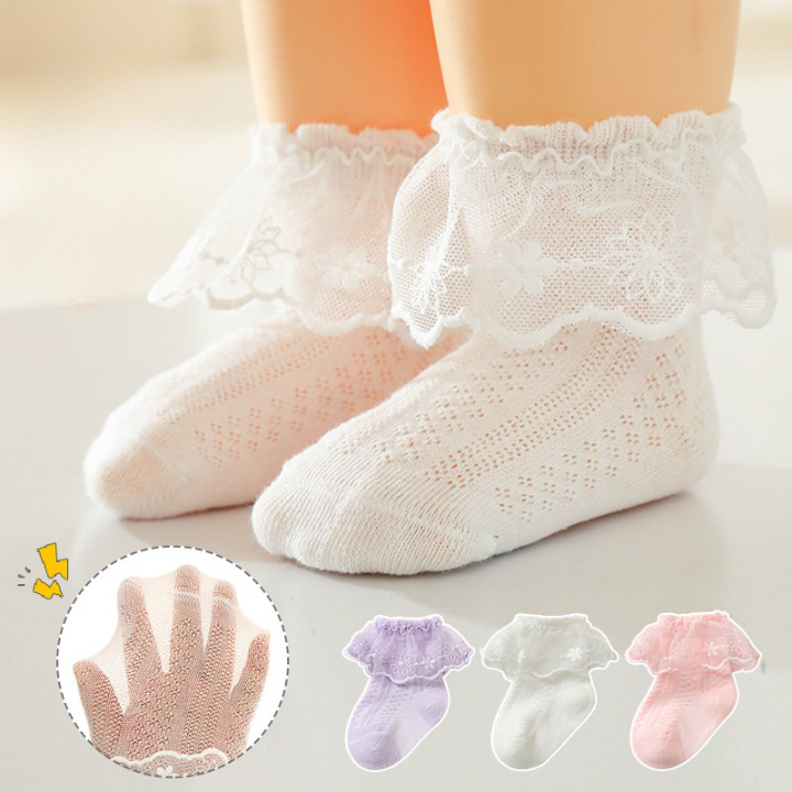 Baby Girl Solid Color Lace Mesh Design Princess Socks-0