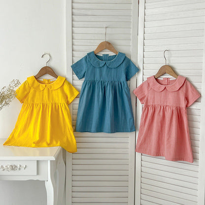 Summer Hot Selling Girls’ Solid Color Short Sleeves Peter Pan Collar Cotton Comfy Dress-6