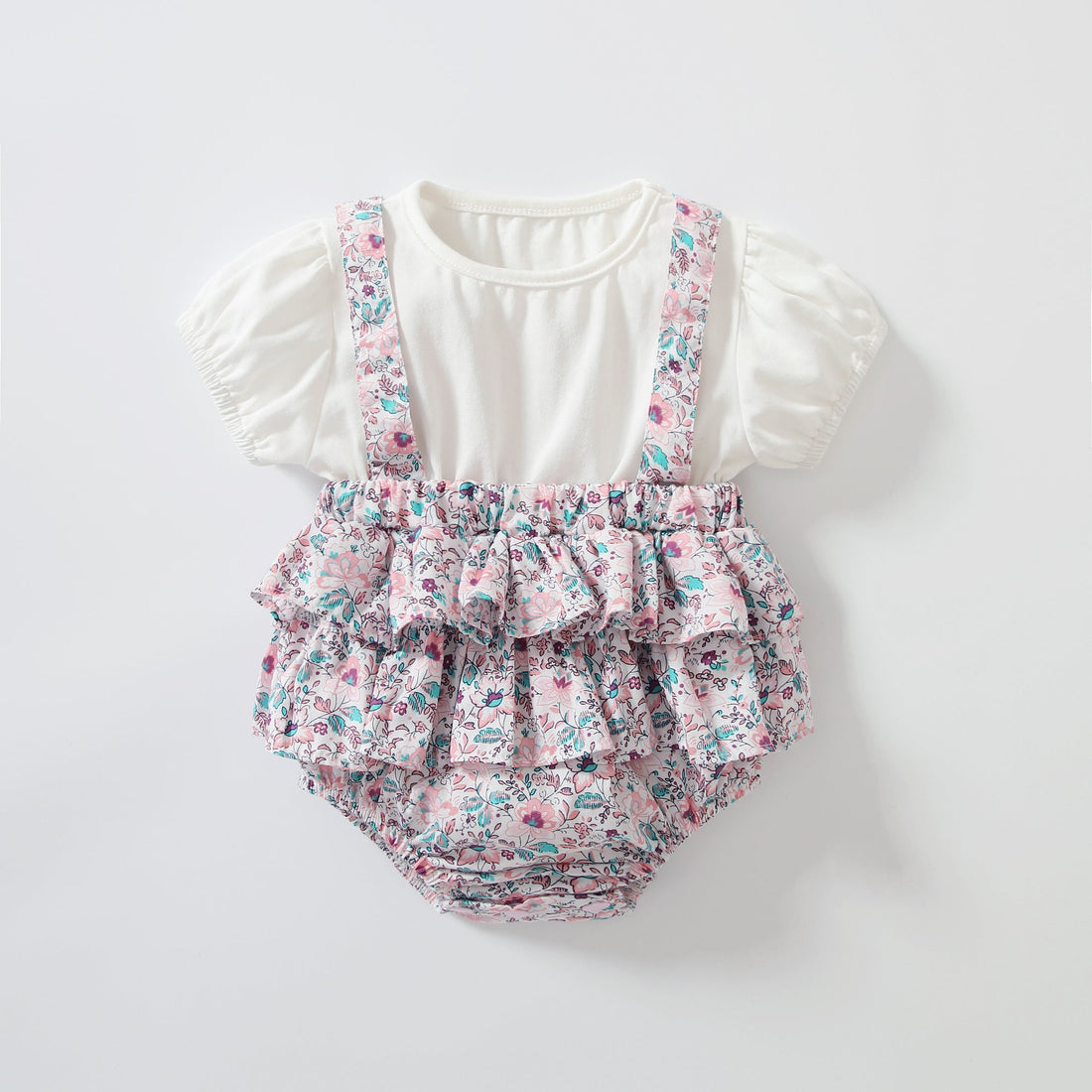 Baby Girls Solid Combo Floral Print Overalls Onesies-0