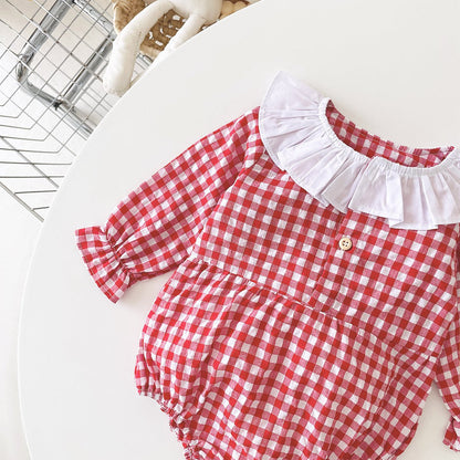 Baby Girl Plaid Pattern Ruffle Neck Design Triangle Sweet Onesies-6