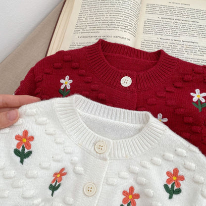 Baby Girl Flower Embroidered Pattern Thickened Knit Single Breasted Design Cardigan-7