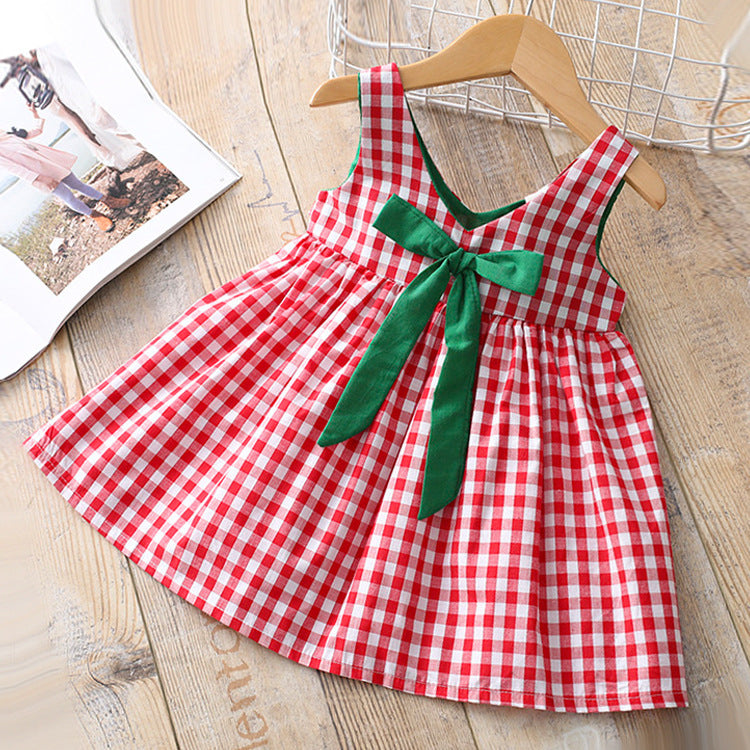 Baby Girl Plaid Pattern Bow Tie Decoration Sleeveless Dress-0