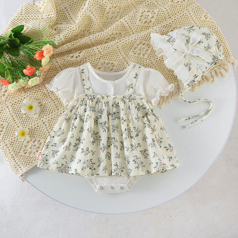 Baby Girl Floral Pattern Round Nek Short Sleeve Onesies Dress-0