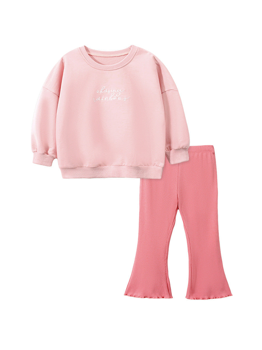 Spring Baby Kids Girls Letters Embroidery Long Sleeves Pullover And Solid Flared Pants Clothing Set-0