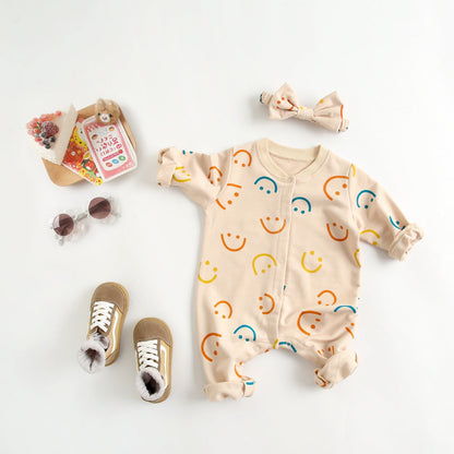 Baby Girl Smiley Print Pattern Single Breasted Design Long-Sleeve Rompers With Covered Buttton-0