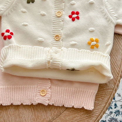 Baby Girl Flower Embroidered Graphic Single Breasted Design Knit Cardigan-7