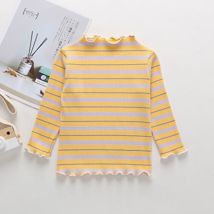 Striped Pattern Wooden Ear Edge Design Round Neck Long Sleeve Bottoming Spring Autumn Shirt-7