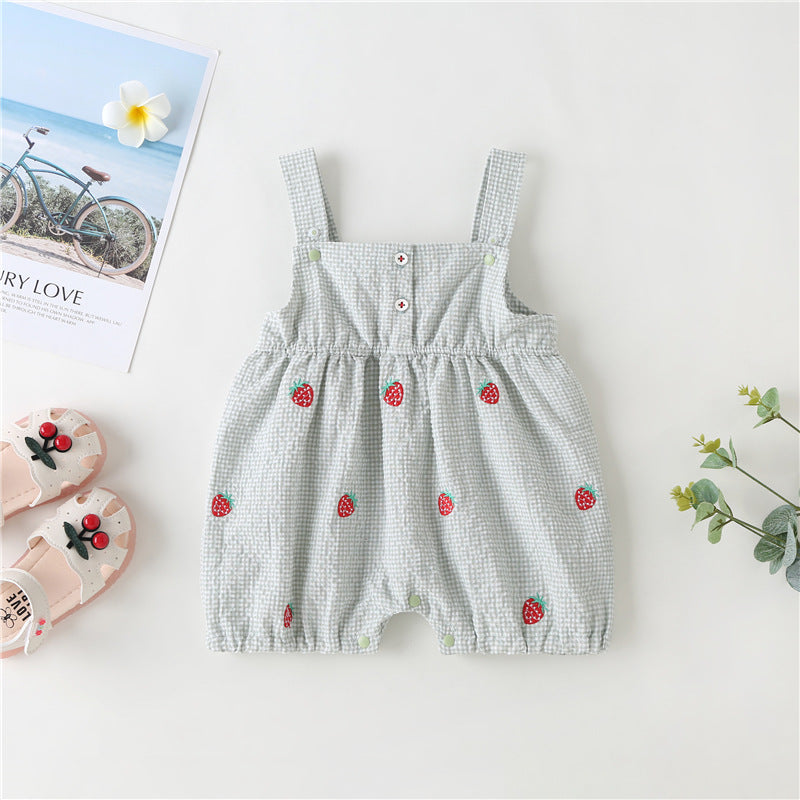 Baby Girl 1pcs Plaid Graphic Strawberries Embroidery Snap Button Jumpsuit &amp; Solid Tee Sets-6