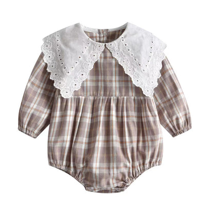 Baby Girl Plaid Pattern Lapel Design Long Sleeved Onesies-0