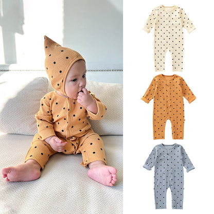 Spring Northern European Style Dots Print Crew Neck Comfy Onesies/Romper-0