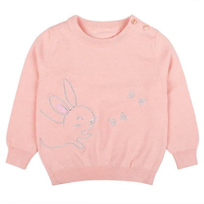 Baby Girl Cute Bunny Embroidery Graphic Solid Color O-Neck Sweater-0