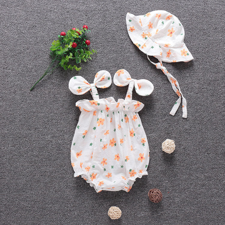 Baby Girl Floral Pattern Bow-Tie Sleeveless Onesies In Summer With Hat-0