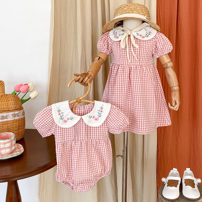 Summer Girls Flowers Embroidery Collar Plaid Onesies And Girls’ Dress – Princess Sister Matching Set-0