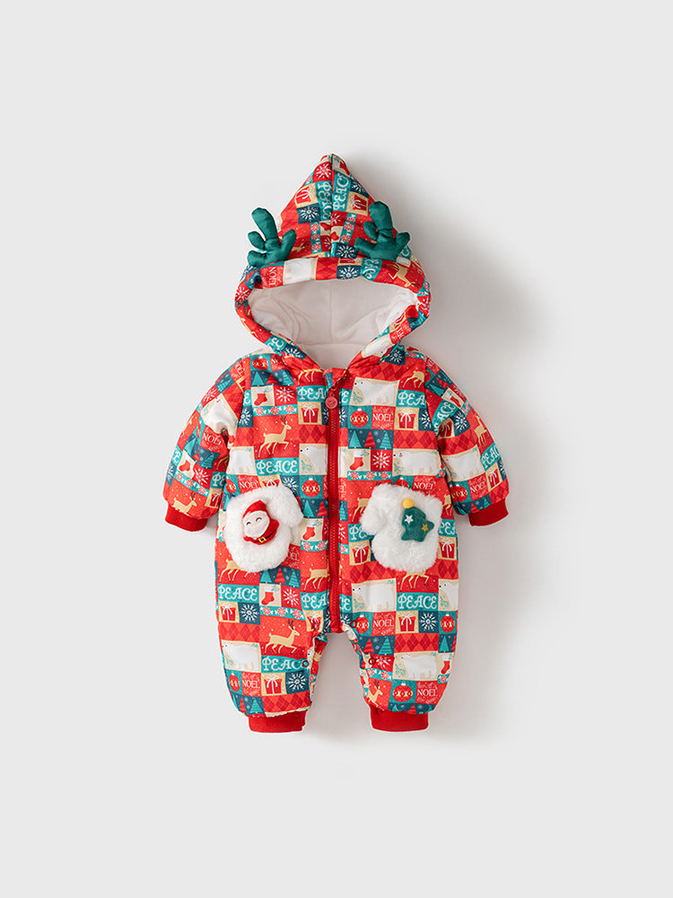 Winter Baby Christmas Red Plaid Patchwork Cartoon Thick Romper With Hood-0