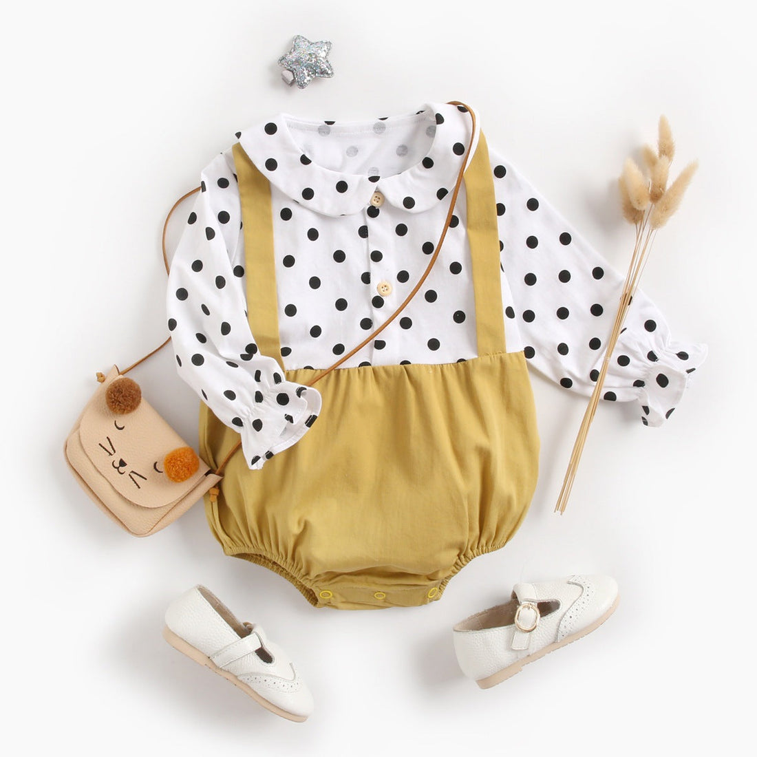 Baby Girl Polka Dot Pattern Doll Collar Design Fake Two Piece Backless Long Sleeve Onesies-0