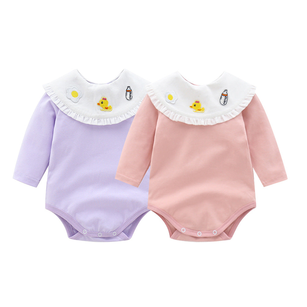 Baby Girl 1pcs Cartoon Embroidered Pattern Ruffle Neck Long Sleeved Triangle Bodysuit-0