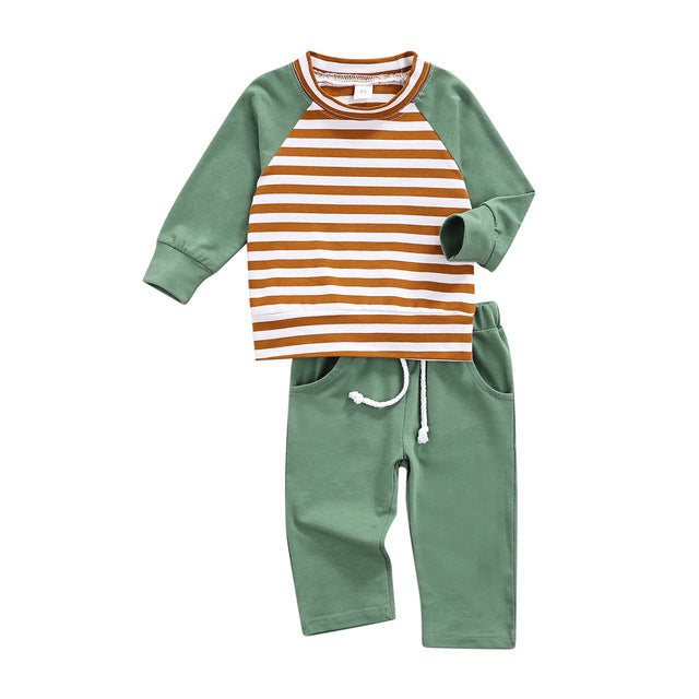 Baby Striped Pattern Contrast Design Hoodies Combo Solid Pants Sets-7