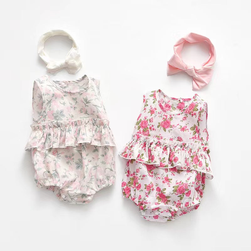 Baby Girl Floral Print Graphic Ruffle Design Sleeveless Onesies &amp; Headband-0