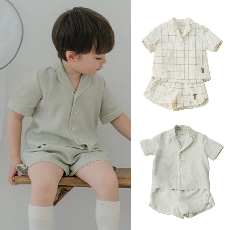 Summer Baby Kids Unisex Simple V Neck Single Breasted Top Shirt And Shorts Casual Clothing Set-0