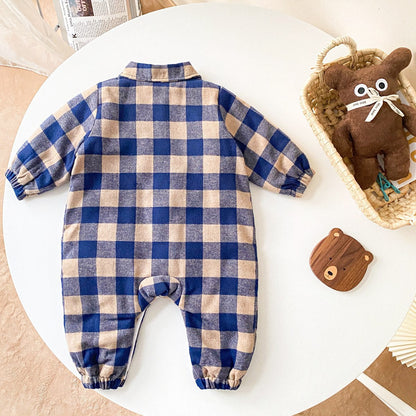 Baby Boy Plaid Pattern Snap Button Front Long-sleeved Thick Rompers-8