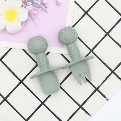 Baby Bear Pattern Complementary Food Training Lovely Silicone Spoon Fork Sets-5