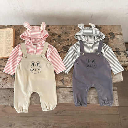 Spring Baby And Kids Unisex Striped Hoodie Top And Rabbit Cartoon Overalls Romper Clothing Set-0