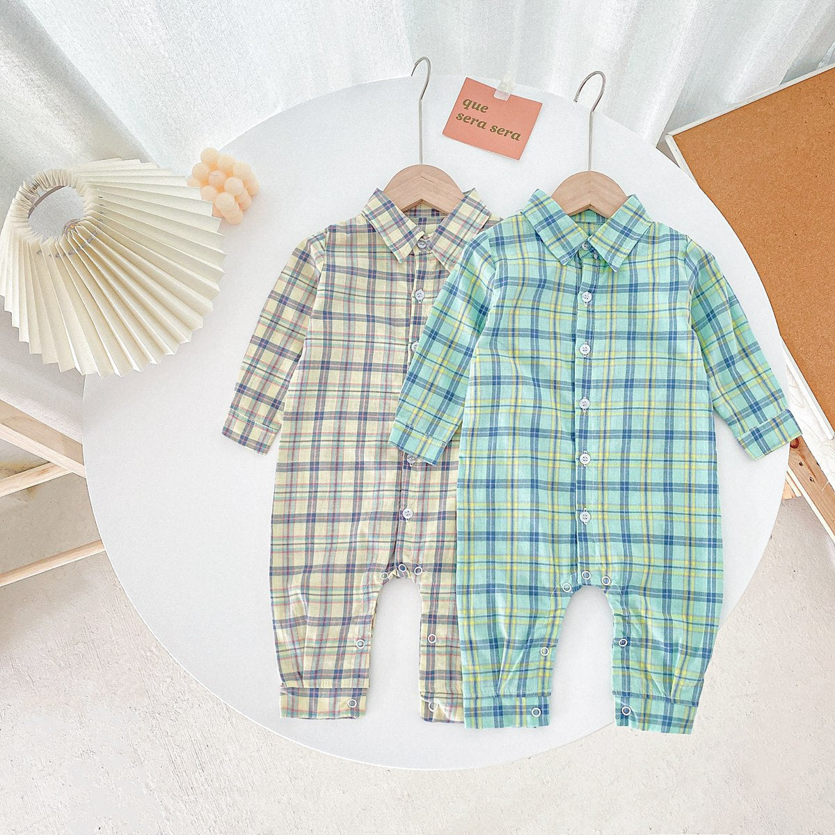 Baby Boy Classic Plaid Pattern Lapel Design Long Sleeve Rompers-0