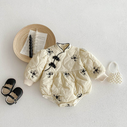 Infant Baby Girl Jacquard Embroidery Thick Warm Long Sleeve One Piece In Winter-8