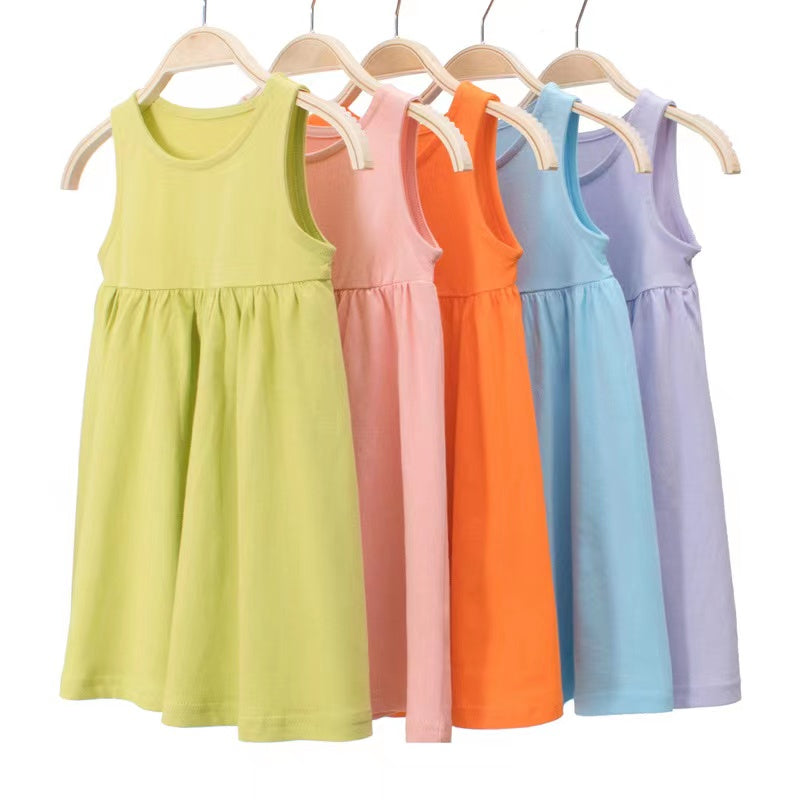 Baby Girls Solid Round Collar Design Sleeveless Dress In Summer-0