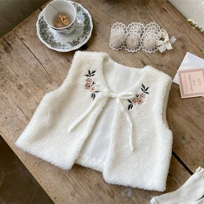 Baby Floral Embroidered Pattern Lamb Wool Vest Jacket-0