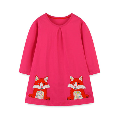 Girls’ Cartoon Pattern Embroidery Crew Neck Dress-3