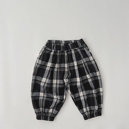 Baby Classic Plaid Pattern Loose Cotton Trousers-0