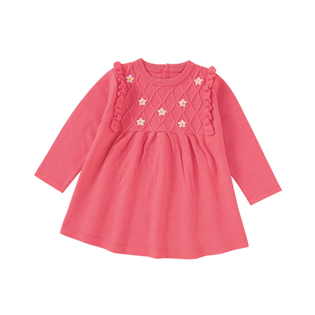 Baby Girl Flower Patched Pattern Solid Color Knitted Dress-7