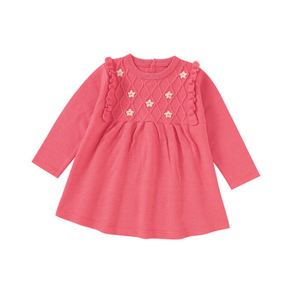 Baby Girl Flower Patched Pattern Solid Color Knitted Dress-7