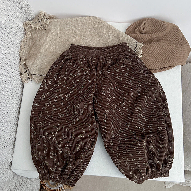 Baby Girl Ditsy Flower Pattern Corduroy Fabric Loose Thickened Pants In Winter-7