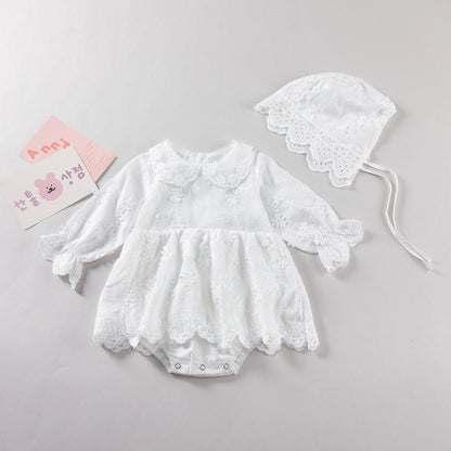 Baby Girl Solid Color Flower Embroidered Design Doll Neck Long Sleeves Onesie Dress-0