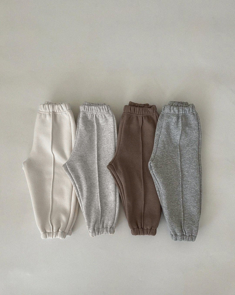 Baby Solid Color Loose Fleece Thickened Warm Sweatpants In Autumn-3