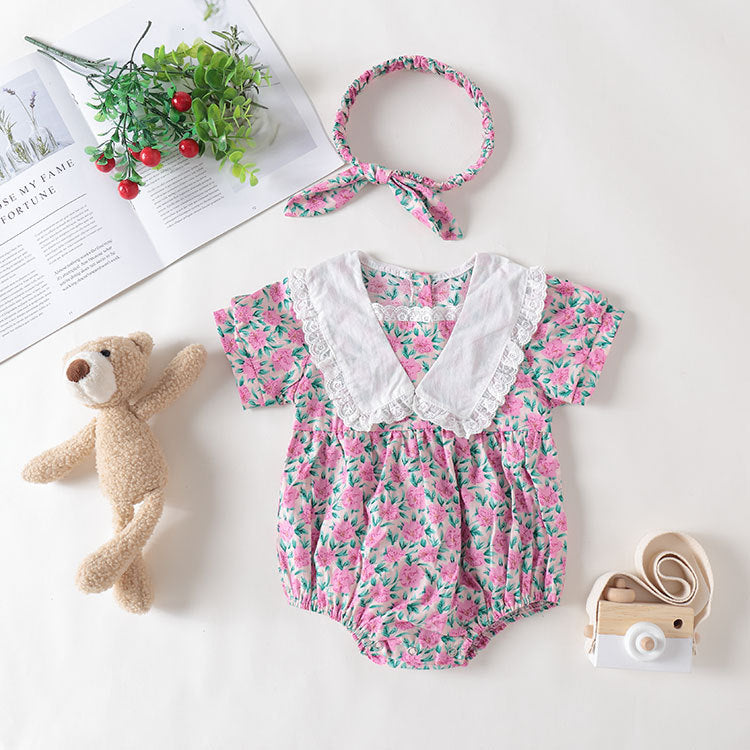 Baby Girl Floral Print Pattern Lace Collar Patchwork Baby Onesies Short Sleeve-0