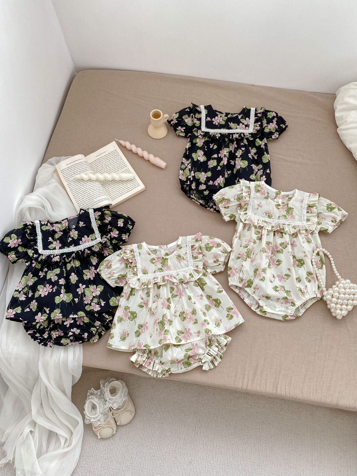 Summer Baby Kids Girls Comfortable Floral Pattern Short Sleeves Dress And Shorts Clothing Set/Onesies-0