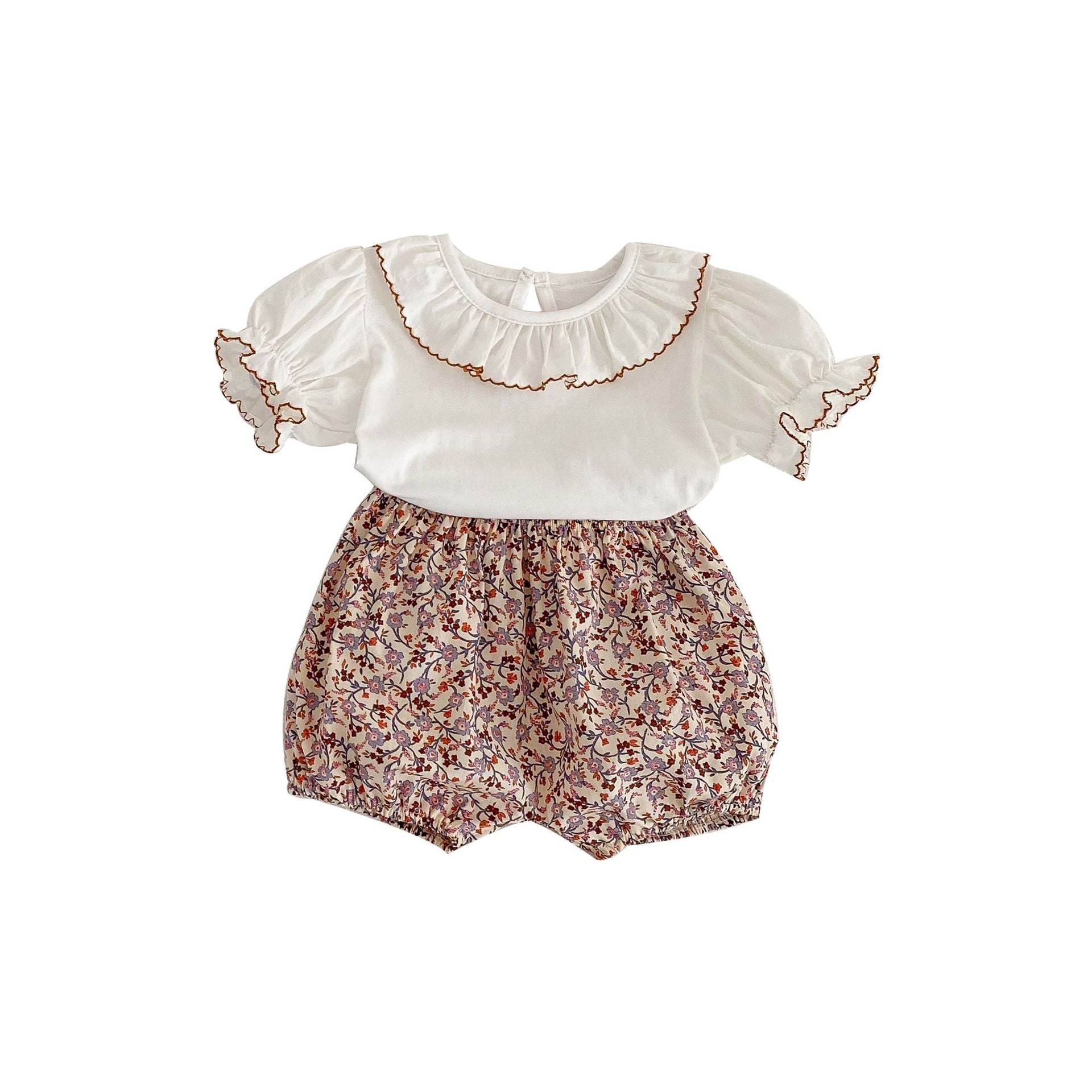 Baby Solid Color Puff Sleeve Blouses Combo Shorts Sets-7