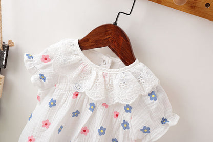 Baby Girl Floral Print Ruffles Collar Short-Sleeved Onesies-8