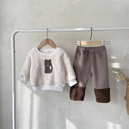 Baby Bear Embroidered Pattern Plush Hoodies Combo Pants  Pieces Sets-8