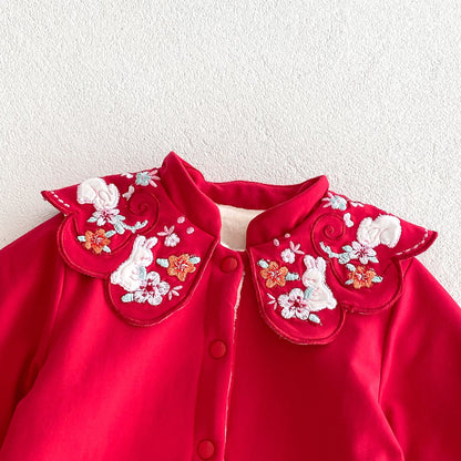 Infant Baby Girls Thick Warm Long Sleeve Rabbits Floral Knitted Round Collar Red Romper-7