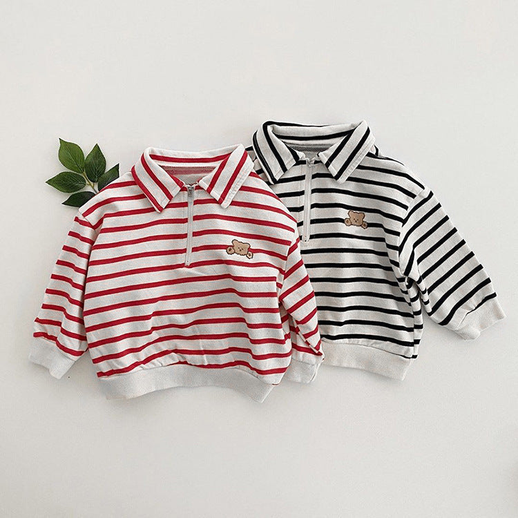 Baby Cute Bear Embroidered &amp; Striped Pattern Polo Neck Cotton Hoodies-7